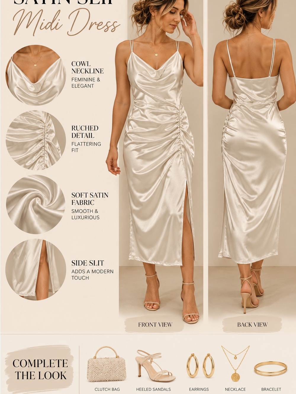 Windsor Satin Cowl Midi Dress - Ivory Cream